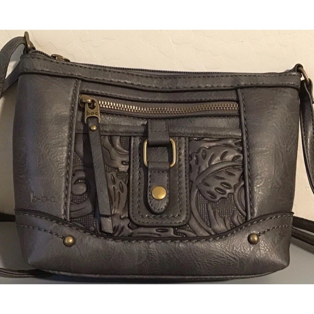 BOC Gray Faux Leather Tooled Purse Adjust Shoulder Crossbody Embossed Bag NWOT